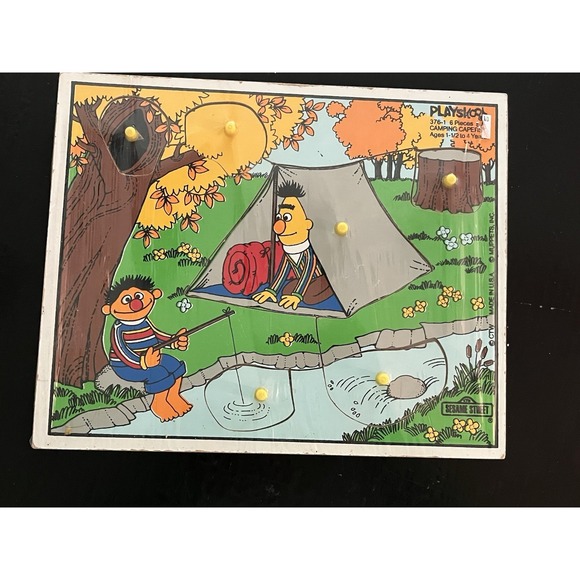 Playskool Other - Vintage‎ Sesame Street Wooden Puzzle Playskool 1989 Ernie Burt Camping